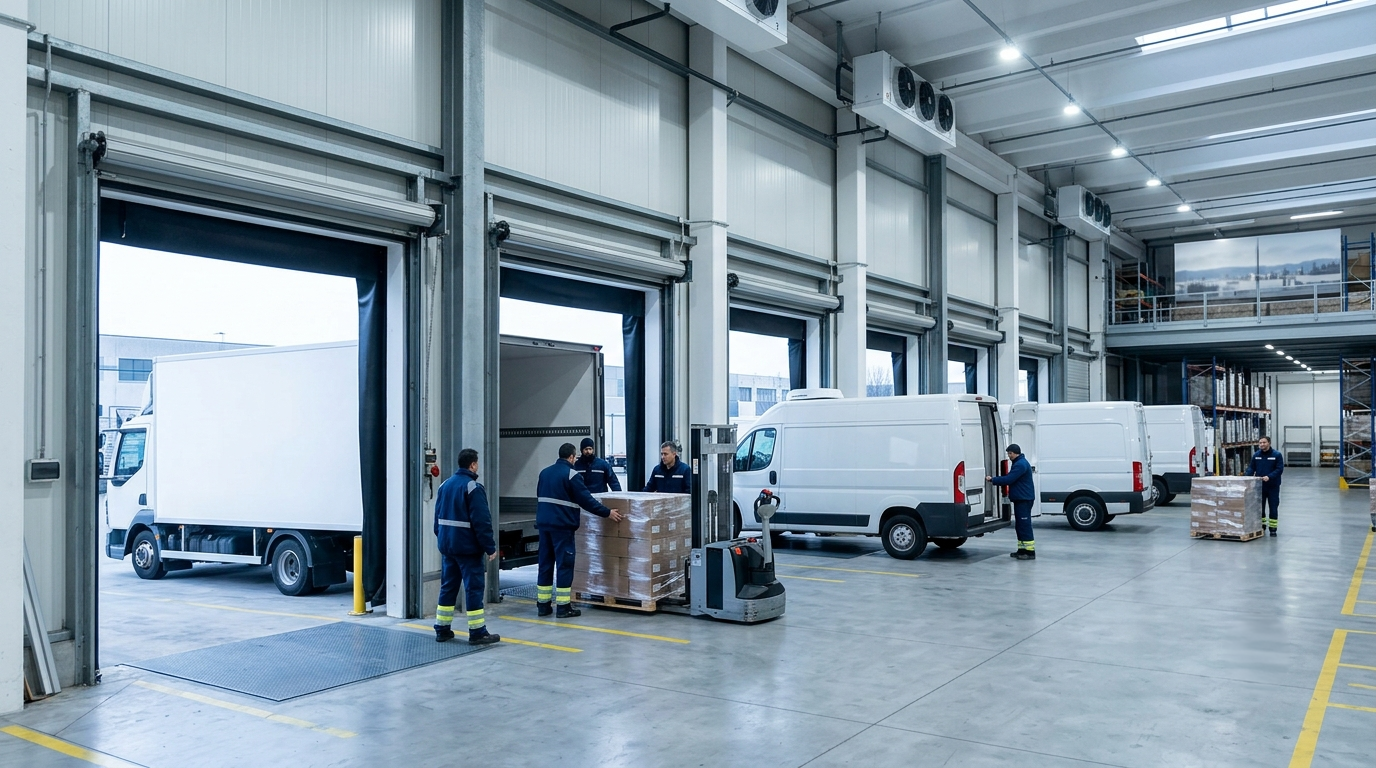 Baie di carico interne con mezzi refrigerati agganciati e operatori che caricano pallet sigillati
