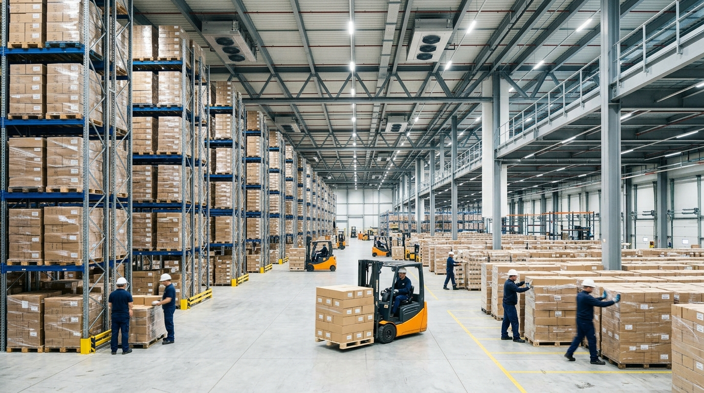 Ampio hub di logistica del fresco Capuano Distribuzione con scaffalature e muletti in attività