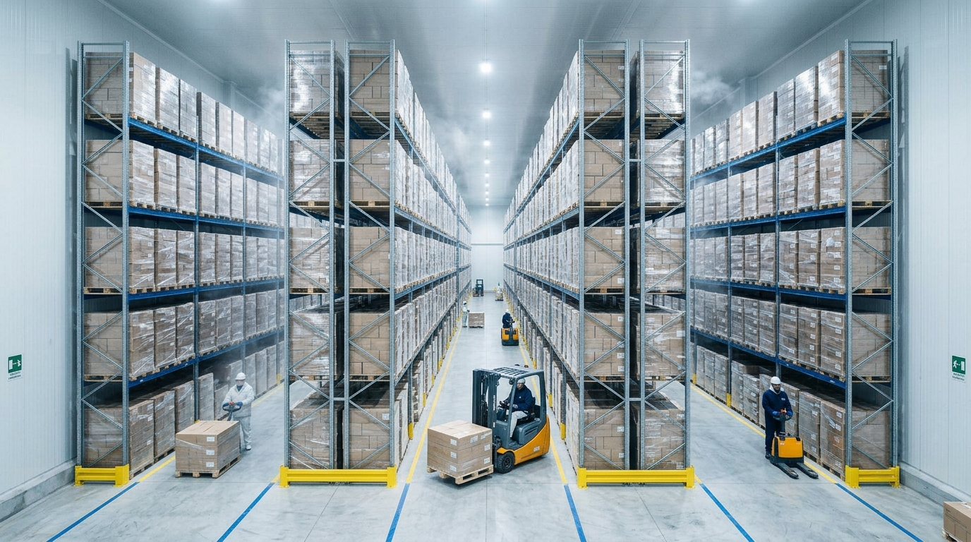 Cella refrigerata con pallet sigillati lungo scaffalature d'acciaio, catena del freddo controllata