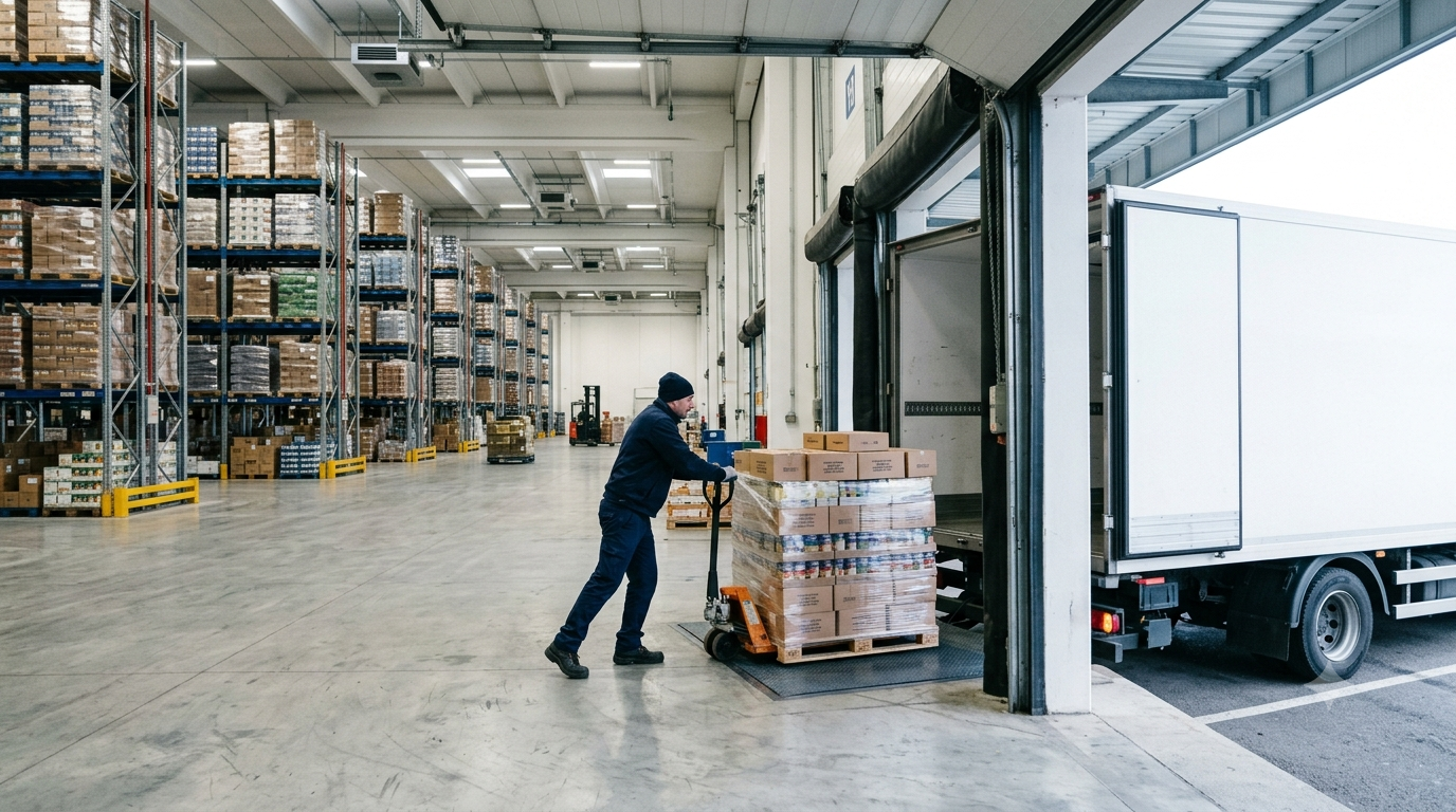 Magazzino di distribuzione alimentare con carico di pallet sigillati su camion refrigerato